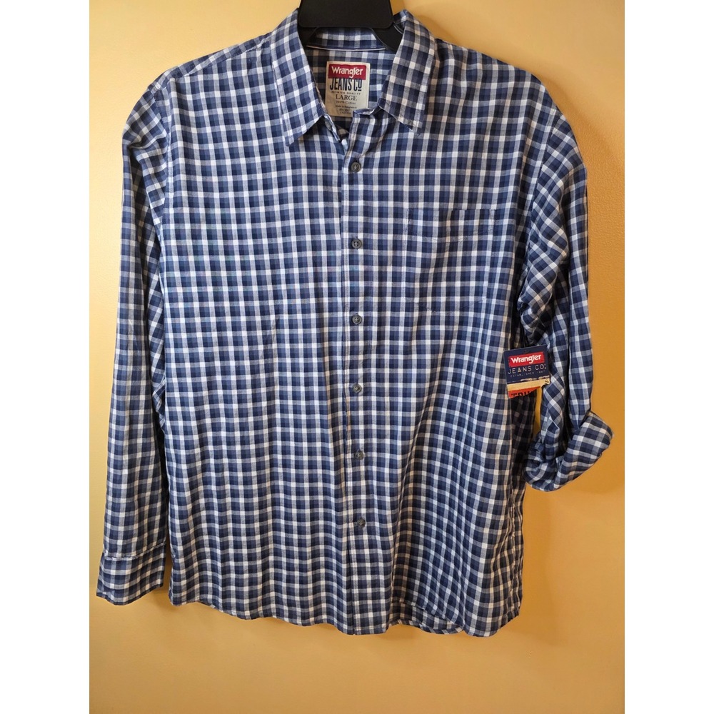 Wrangler Jeans Co Mens Large Blue White Gingham Cotton Button Down Shirt JLP3IWN